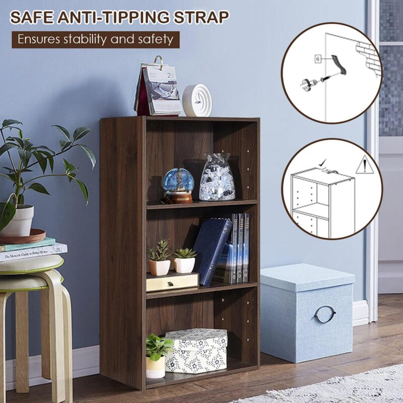 Gymax 2 PCS 3 Tier Open Shelf Bookcase Multi-functional Storage Display Cabinet Walnut - Image 7