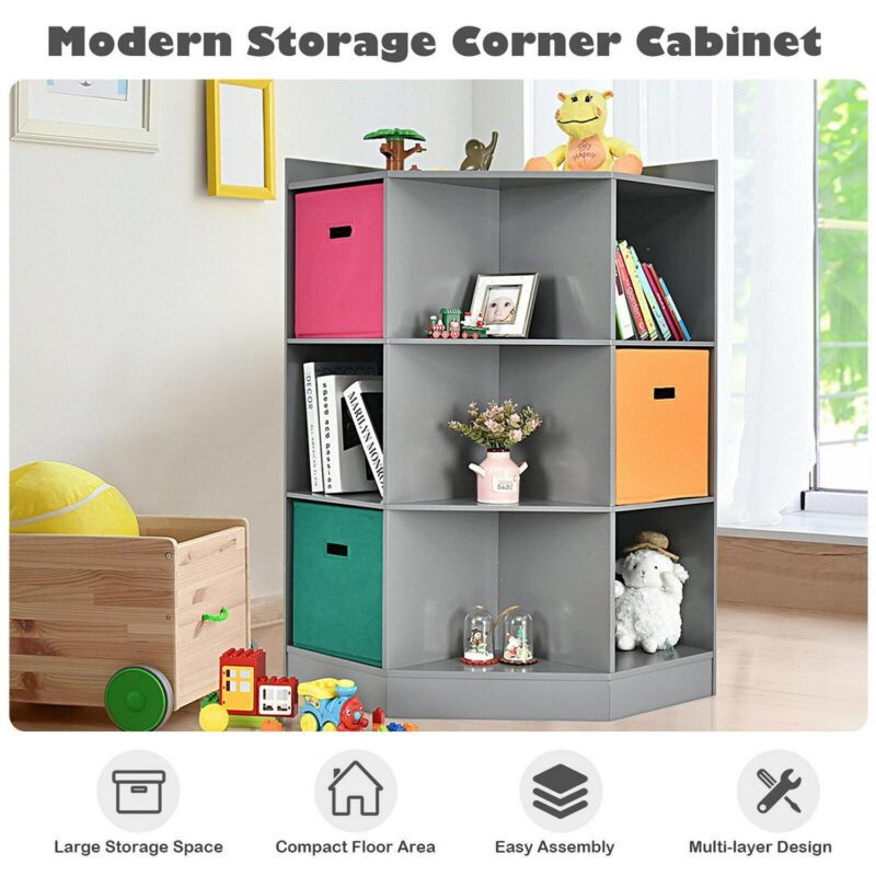 Gymax 3-Tier Kid Storage Shelf Cubes w/3 Baskets Corner Cabinet Organizer Gray - Image 6