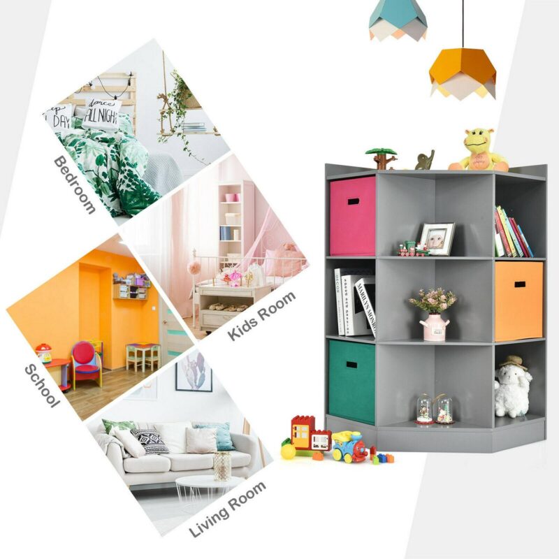 Gymax 3-Tier Kid Storage Shelf Cubes w/3 Baskets Corner Cabinet Organizer Gray - Image 8