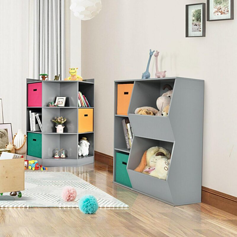 Gymax 3-Tier Kid Storage Shelf Cubes w/3 Baskets Corner Cabinet Organizer Gray - Image 4