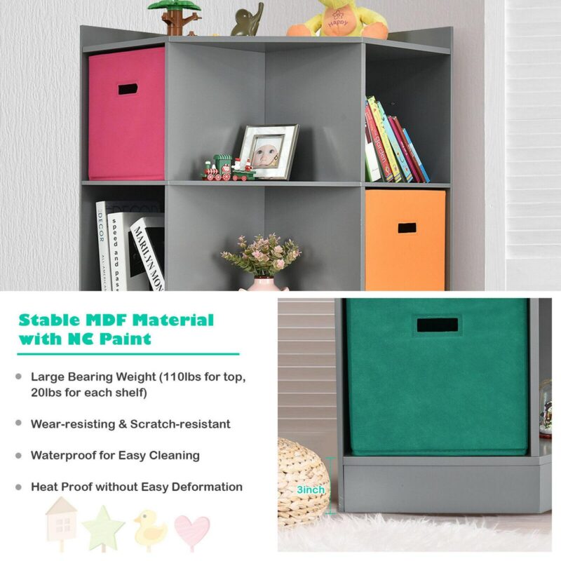 Gymax 3-Tier Kid Storage Shelf Cubes w/3 Baskets Corner Cabinet Organizer Gray - Image 7