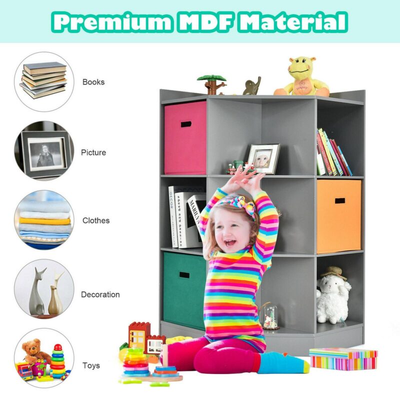 Gymax 3-Tier Kid Storage Shelf Cubes w/3 Baskets Corner Cabinet Organizer Gray - Image 9