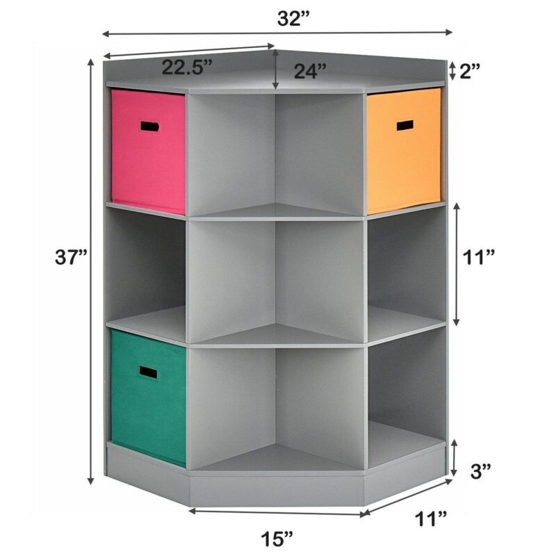 Gymax 3-Tier Kid Storage Shelf Cubes w/3 Baskets Corner Cabinet Organizer Gray - Image 2