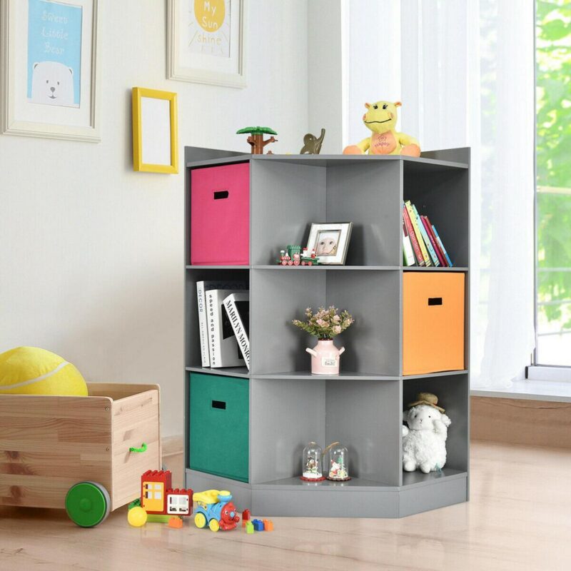 Gymax 3-Tier Kid Storage Shelf Cubes w/3 Baskets Corner Cabinet Organizer Gray - Image 3