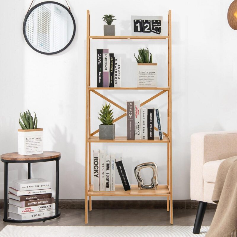 Gymax 4-Tier Bamboo Ladder Bookshelf 58'' Display Shelf Storage Rack Plant Flower Stand - Image 4