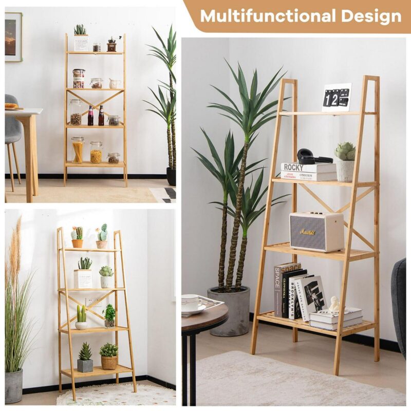 Gymax 4-Tier Bamboo Ladder Bookshelf 58'' Display Shelf Storage Rack Plant Flower Stand - Image 6
