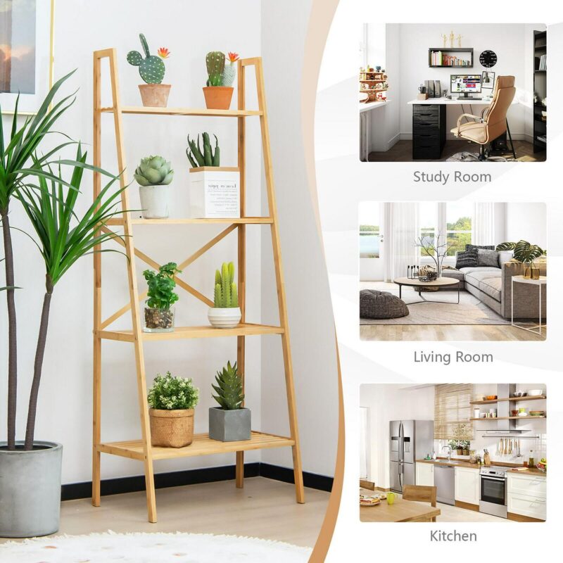 Gymax 4-Tier Bamboo Ladder Bookshelf 58'' Display Shelf Storage Rack Plant Flower Stand - Image 8