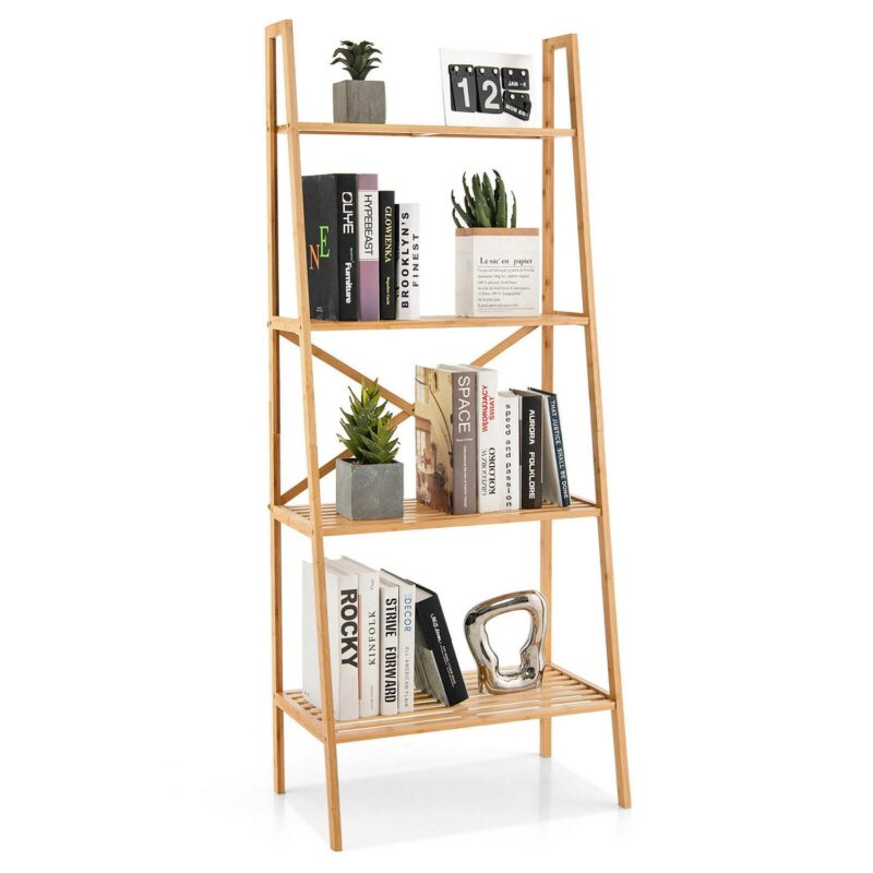 Gymax 4-Tier Bamboo Ladder Bookshelf 58'' Display Shelf Storage Rack Plant Flower Stand
