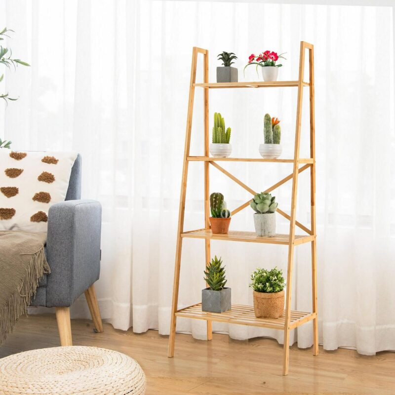 Gymax 4-Tier Bamboo Ladder Bookshelf 58'' Display Shelf Storage Rack Plant Flower Stand - Image 5