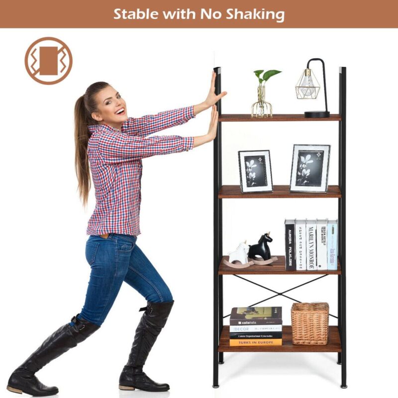 Gymax 4-Tier Ladder Shelf Ladder Bookcase Bookshelf Display Rack Plant Stand Wood - Image 4