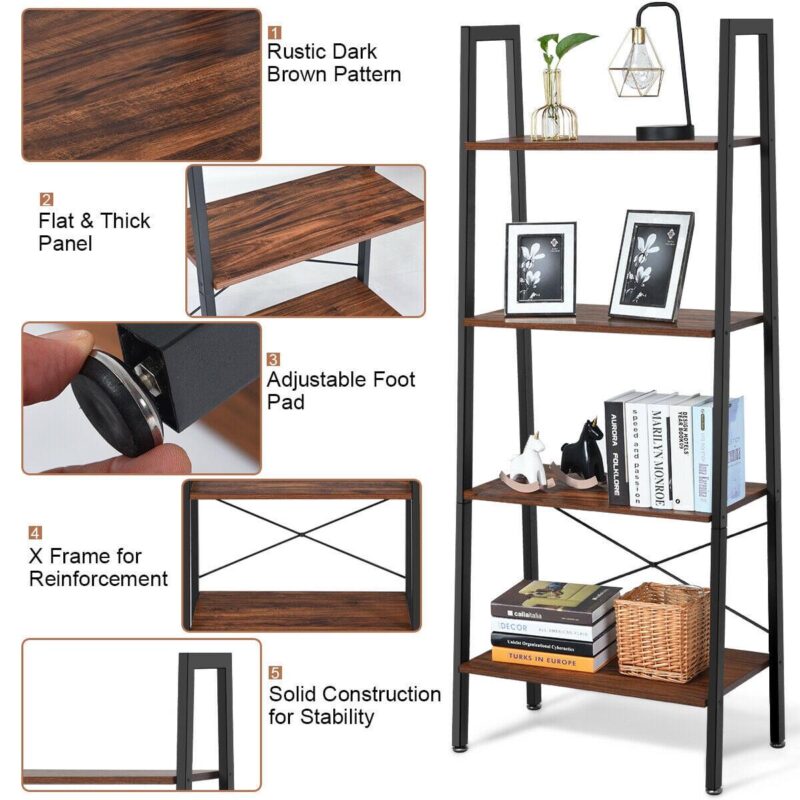 Gymax 4-Tier Ladder Shelf Ladder Bookcase Bookshelf Display Rack Plant Stand Wood - Image 5