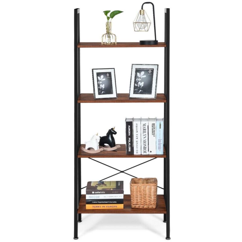 Gymax 4-Tier Ladder Shelf Ladder Bookcase Bookshelf Display Rack Plant Stand Wood - Image 8