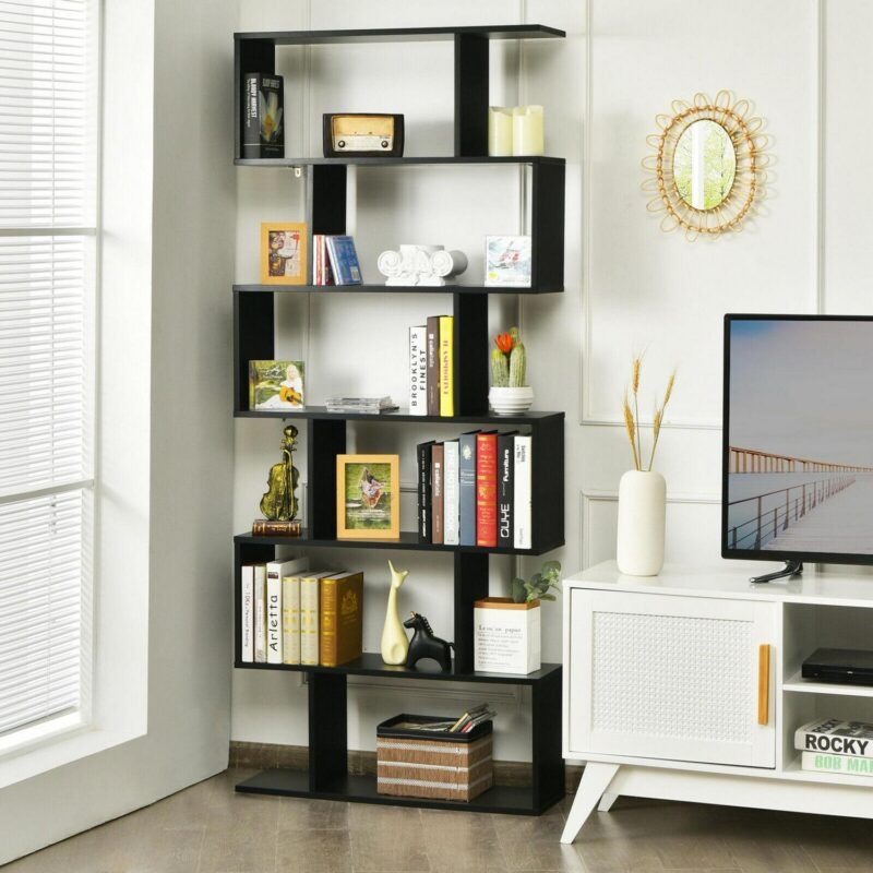 Gymax 6 Tier S-Shaped Bookshelf Storage Display Bookcase Decor Z-Shelf Black - Image 3