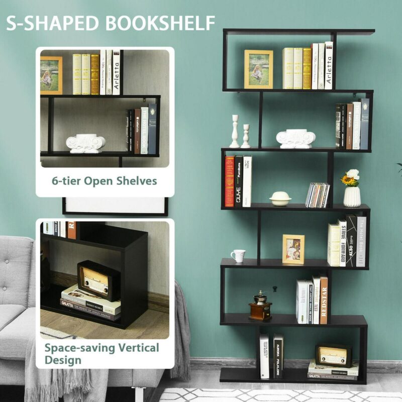 Gymax 6 Tier S-Shaped Bookshelf Storage Display Bookcase Decor Z-Shelf Black - Image 7
