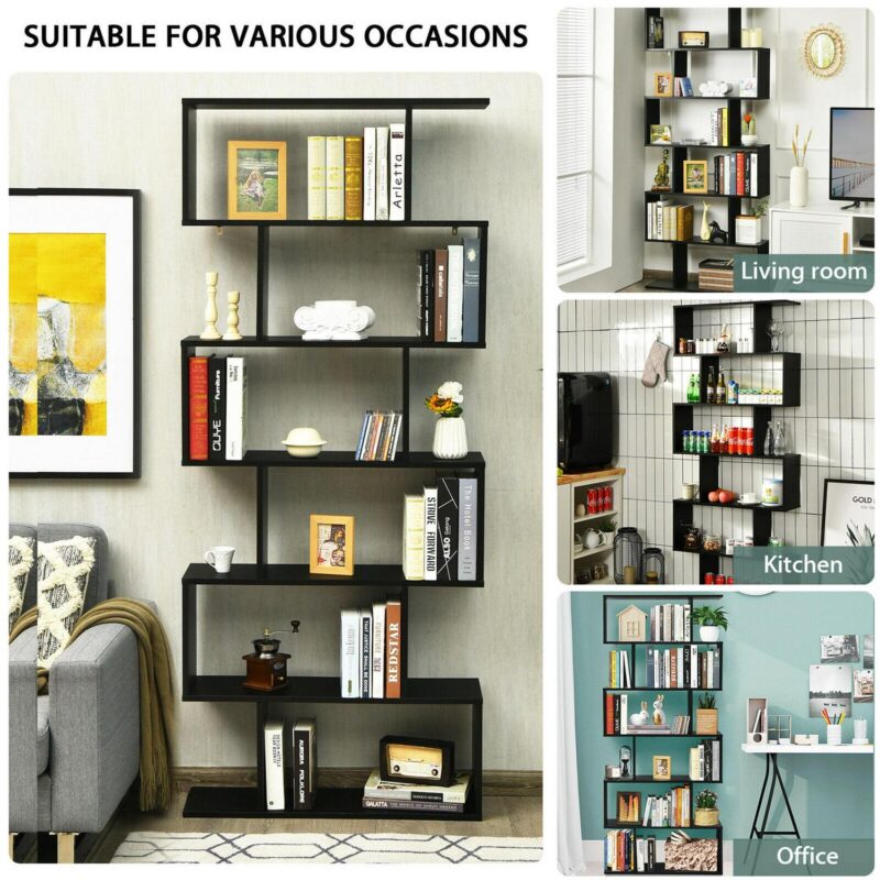 Gymax 6 Tier S-Shaped Bookshelf Storage Display Bookcase Decor Z-Shelf Black - Image 8