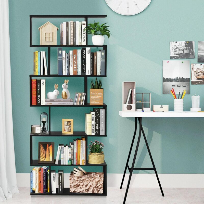 Gymax 6 Tier S-Shaped Bookshelf Storage Display Bookcase Decor Z-Shelf Black - Image 4