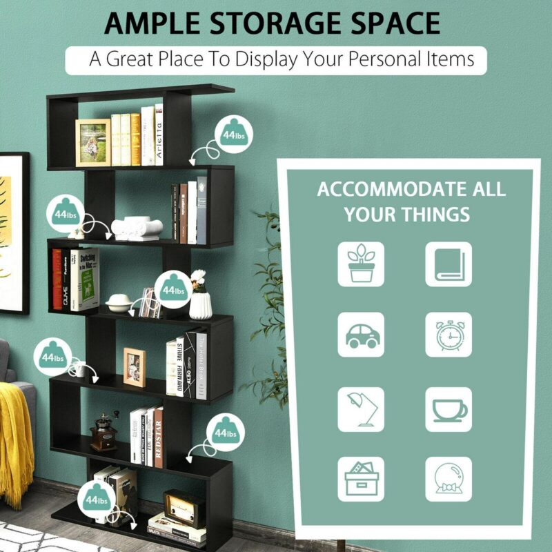Gymax 6 Tier S-Shaped Bookshelf Storage Display Bookcase Decor Z-Shelf Black - Image 6