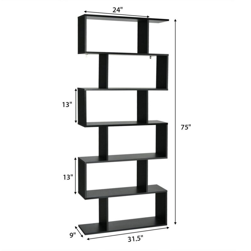 Gymax 6 Tier S-Shaped Bookshelf Storage Display Bookcase Decor Z-Shelf Black - Image 2