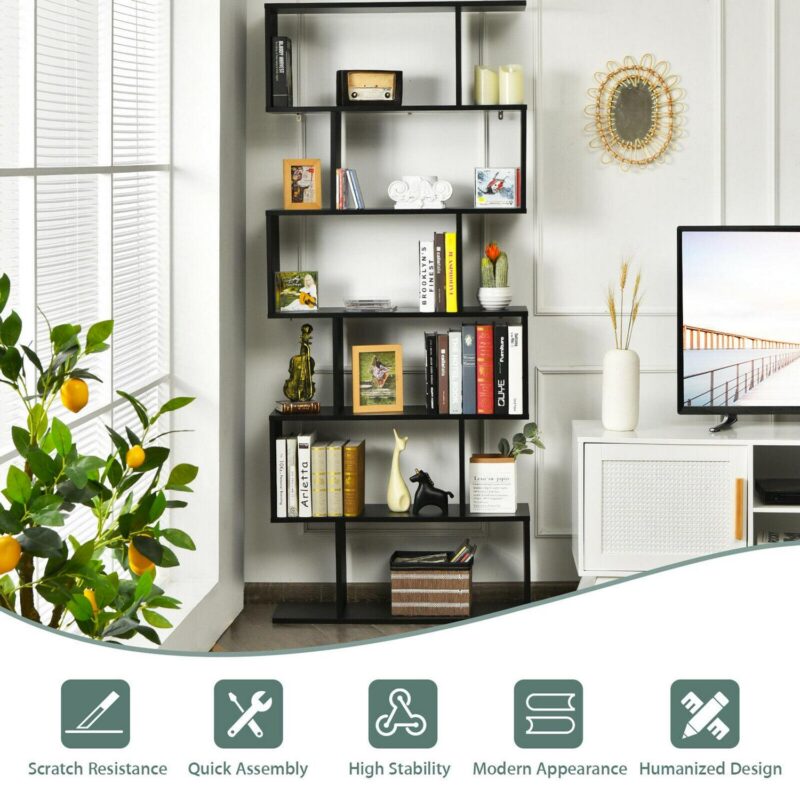 Gymax 6 Tier S-Shaped Bookshelf Storage Display Bookcase Decor Z-Shelf Black - Image 5