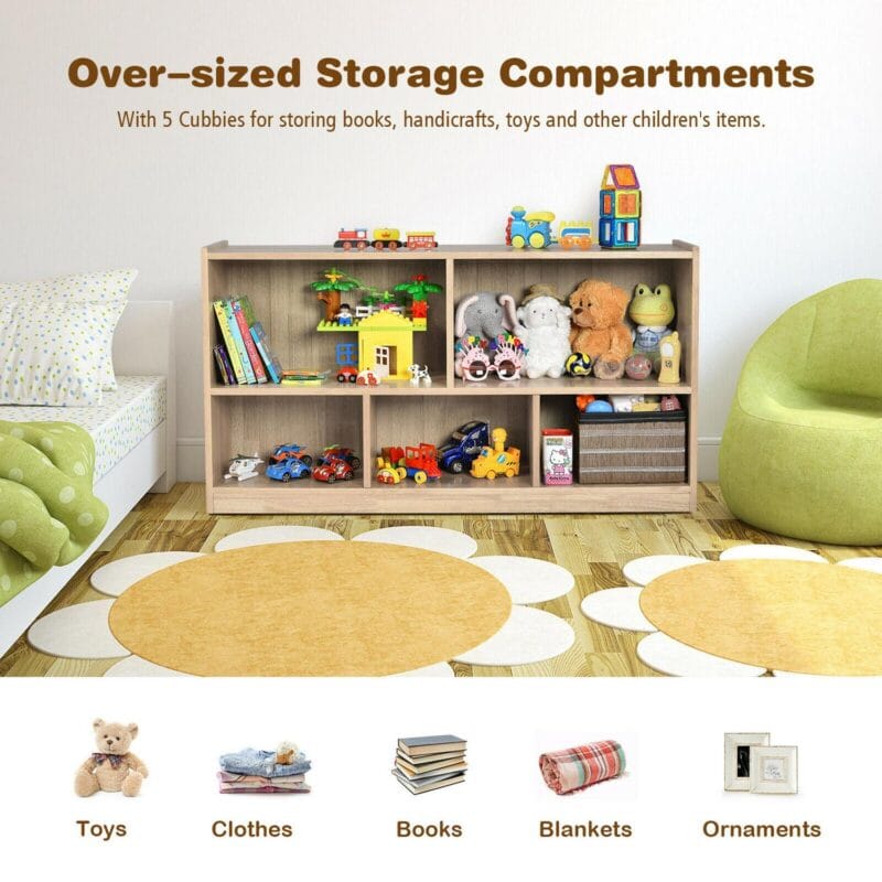 Gymax Kids 5-Cube Storage Cabinet 2-Shelf Wood Bookcase Organizer Natural - Image 7