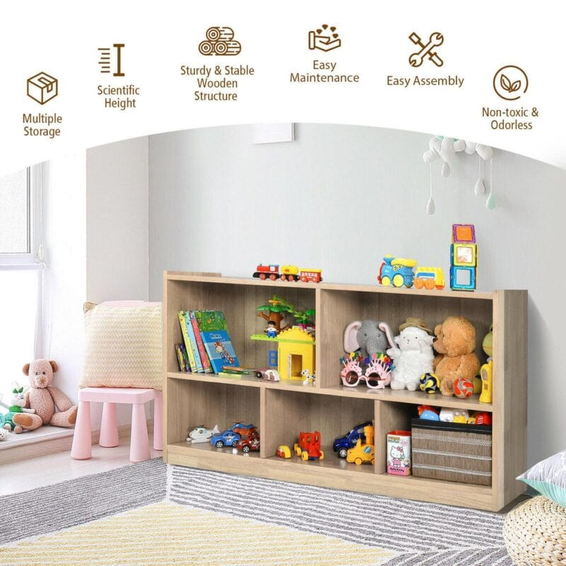 Gymax Kids 5-Cube Storage Cabinet 2-Shelf Wood Bookcase Organizer Natural - Image 8