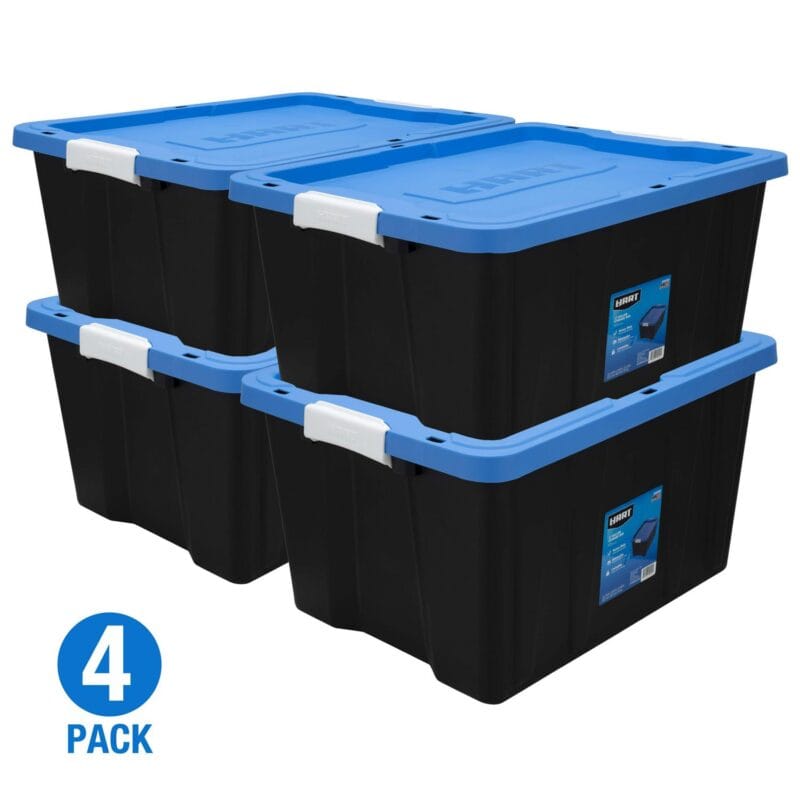 HART - 17 Gallon Heavy Duty Latching Plastic Storage Box, Black Base/Blue Lid, Set of 4