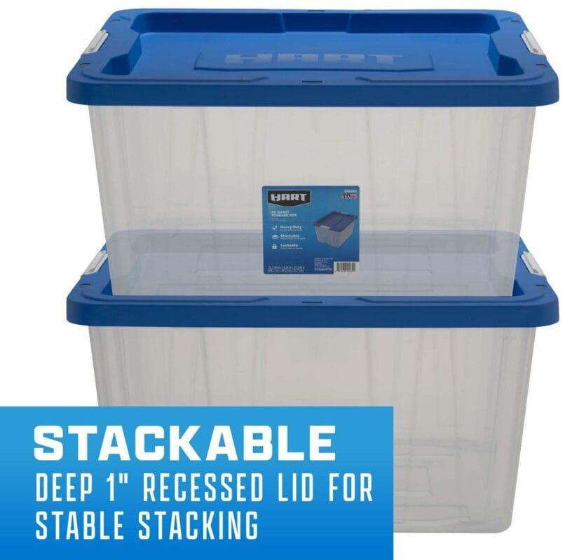 HART 68 Quart Clear Latching Plastic Storage Bin Container, Clear with Blue Lid, Set of 4 - Image 4