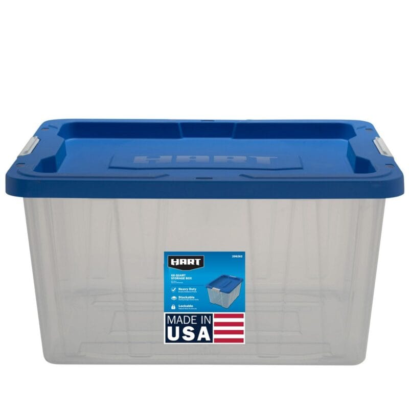 HART 68 Quart Clear Latching Plastic Storage Bin Container, Clear with Blue Lid, Set of 4 - Image 14