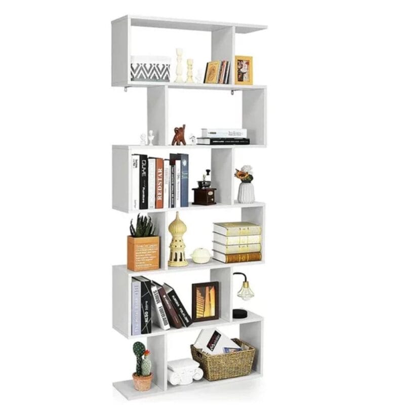 HOMEFORT 6-Shelf Geometric Bookcase, Wood S-Shaped Bookshelf, Modern Staggered Bookcase Bookshelf. White and Black - Image 4