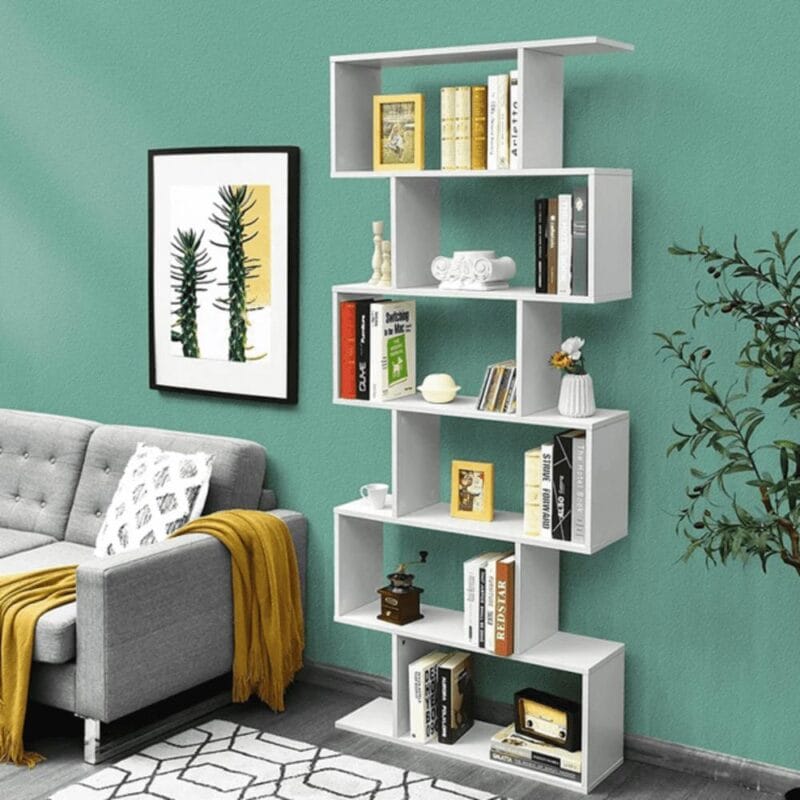 HOMEFORT 6-Shelf Geometric Bookcase, Wood S-Shaped Bookshelf, Modern Staggered Bookcase Bookshelf. White and Black - Image 3