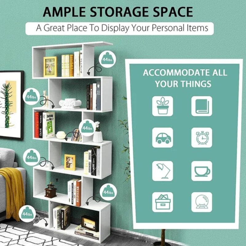 HOMEFORT 6-Shelf Geometric Bookcase, Wood S-Shaped Bookshelf, Modern Staggered Bookcase Bookshelf. White and Black - Image 5
