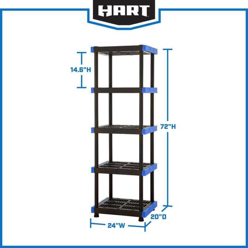 Hart 5-Shelf Plastic Storage Shelf, 24  W x 20  D x 72  H, Holds up to 500 lb Total Capacity, Black and Blue - Image 2