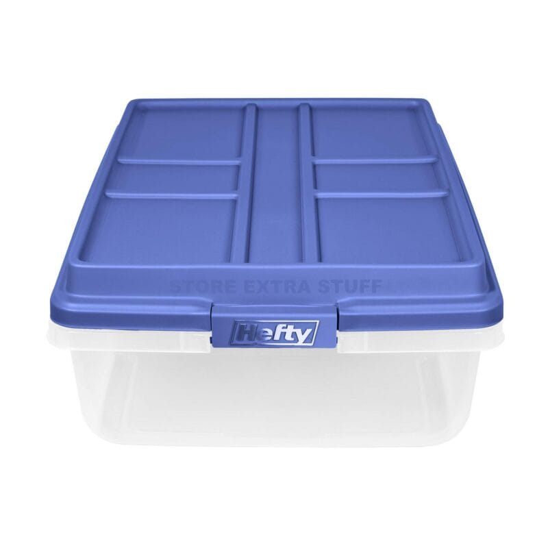 Hefty 40 Qt. Clear Plastic Storage Bin with Blue HI-Rise Lid, 6 Pack - Image 4
