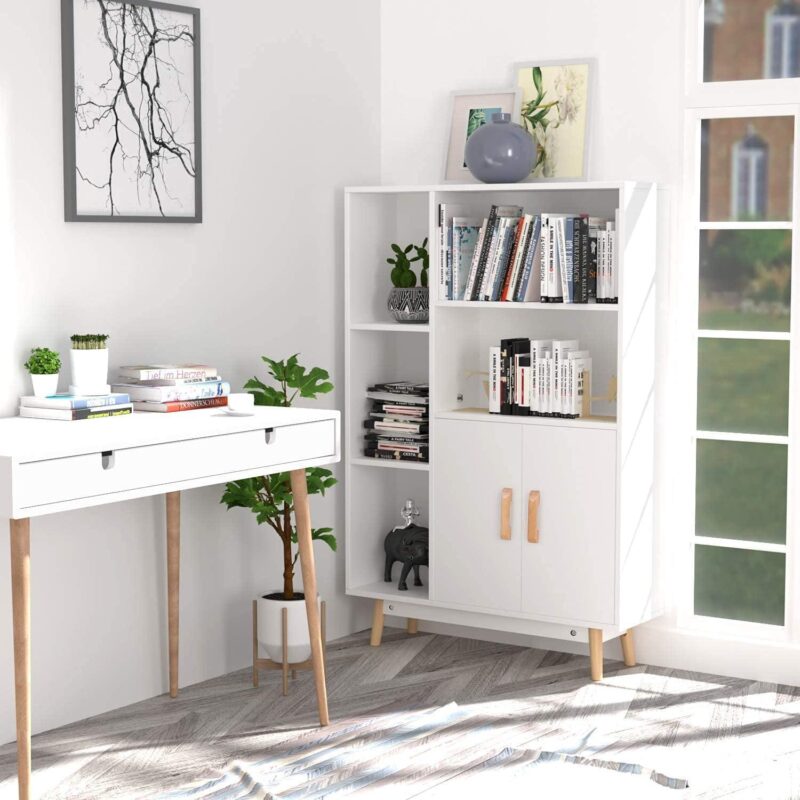 Homfa 5 Cube Bookcase with Door, Open Shelves Free Standing Storage Cabinet with Solid Legs, White Finish - Image 2