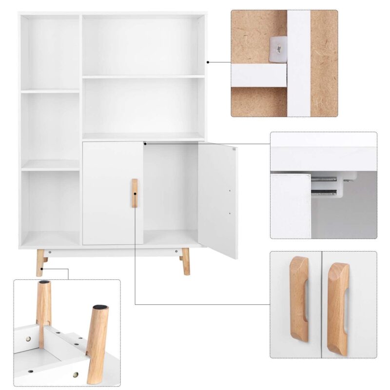 Homfa 5 Cube Bookcase with Door, Open Shelves Free Standing Storage Cabinet with Solid Legs, White Finish - Image 4