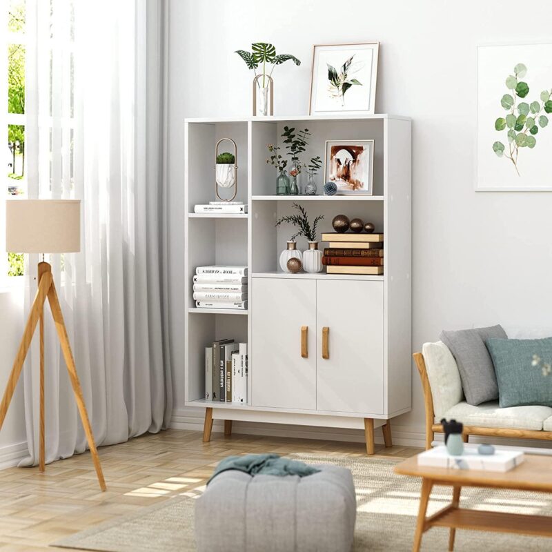 Homfa 5 Cube Bookcase with Door, Open Shelves Free Standing Storage Cabinet with Solid Legs, White Finish - Image 9