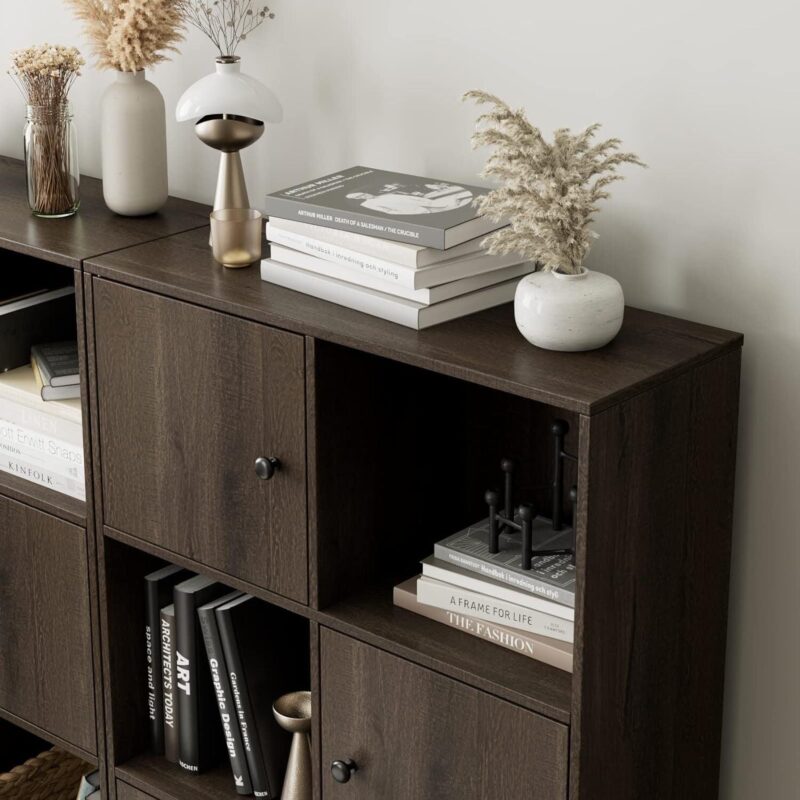 Homfa 6 Cube Bookcase with Door, 49.8  Cubby Storage Cabinet Unit Freestanding Display Shelves, Dark Brown - Image 6