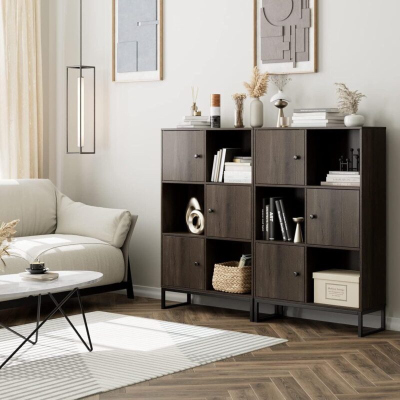 Homfa 6 Cube Bookcase with Door, 49.8  Cubby Storage Cabinet Unit Freestanding Display Shelves, Dark Brown - Image 2