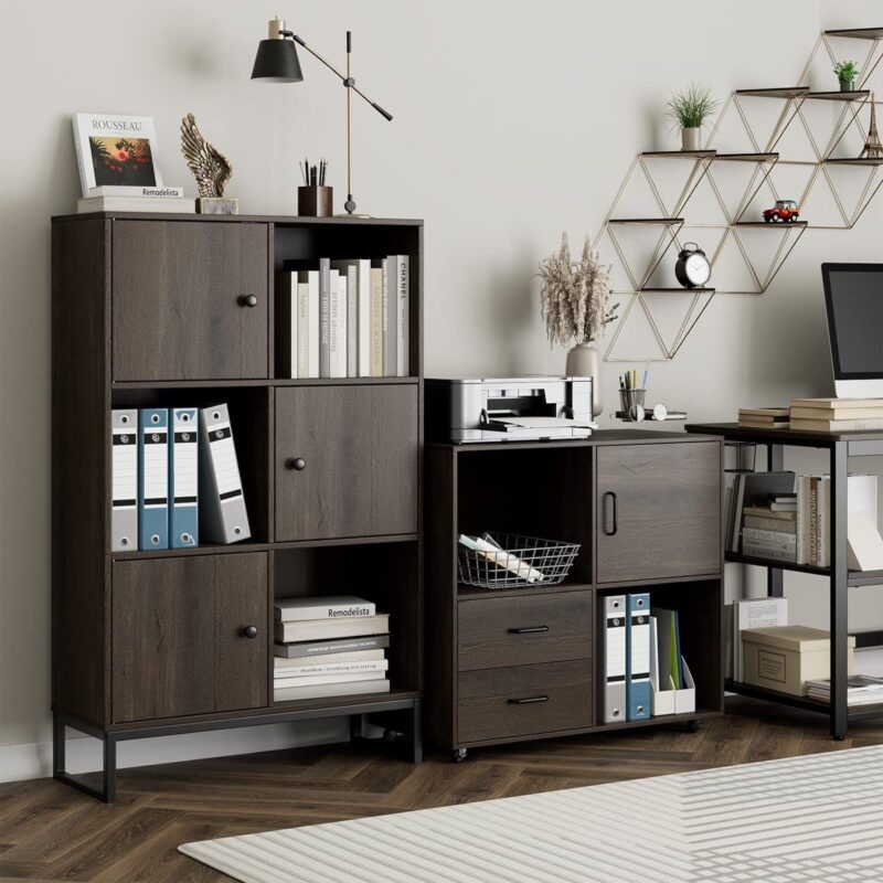 Homfa 6 Cube Bookcase with Door, 49.8  Cubby Storage Cabinet Unit Freestanding Display Shelves, Dark Brown - Image 3