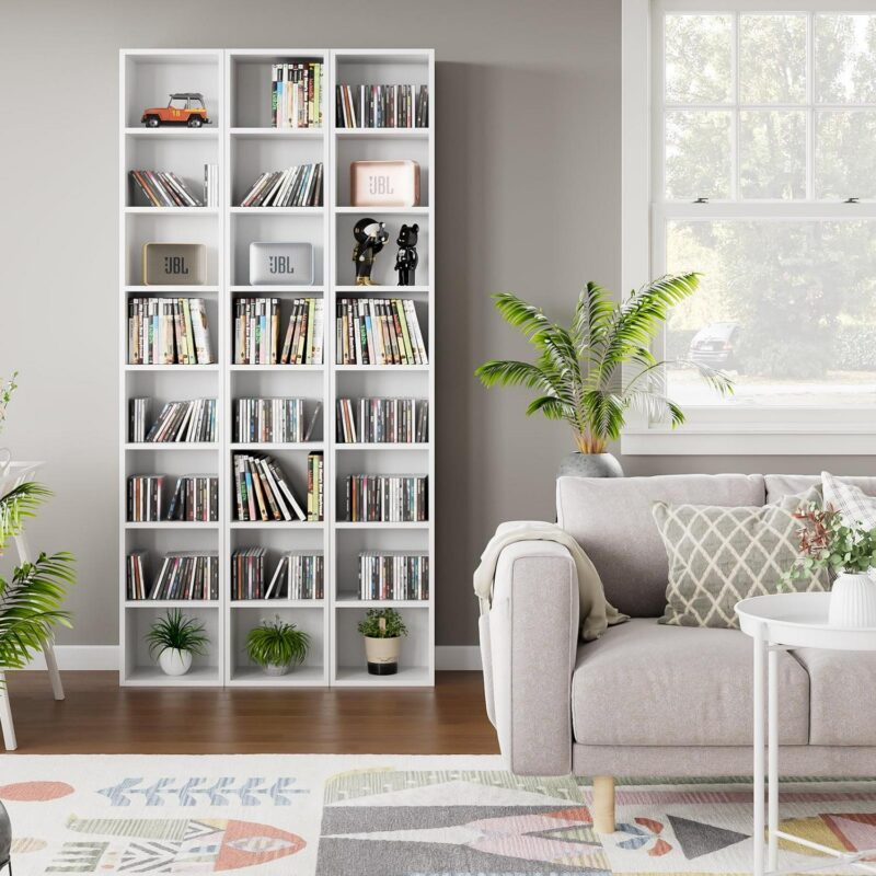 Homfa 8-Tier Media Tower, CD DVD Media Storage Unit with 4 Adjustable and 3 Fixed Shelves for Living Room Bedroom, White - Image 4