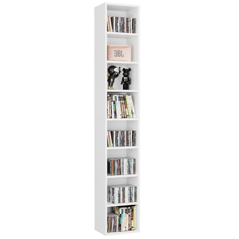 Homfa 8-Tier Media Tower, CD DVD Media Storage Unit with 4 Adjustable and 3 Fixed Shelves for Living Room Bedroom, White