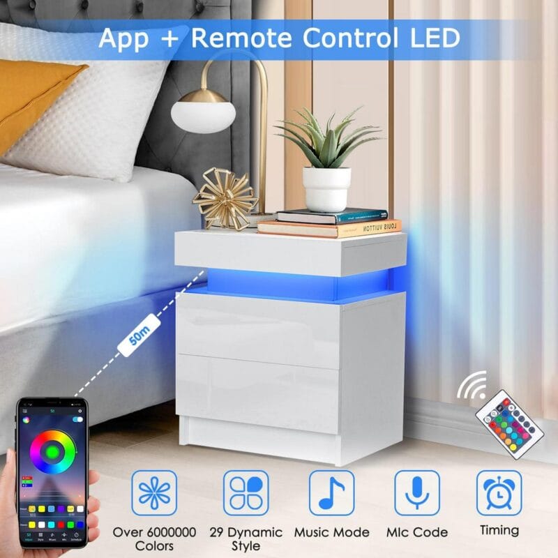 Hommpa 2 Drawer Modern Nightstand with RGB LED Light High Gloss Bedside Tables for Bedroom White - Image 3