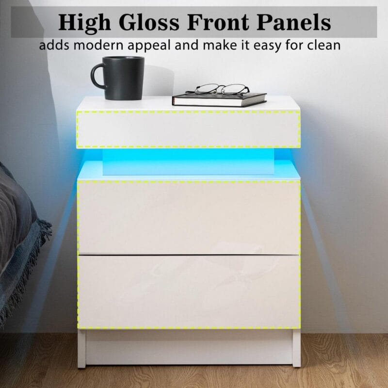 Hommpa 2 Drawer Modern Nightstand with RGB LED Light High Gloss Bedside Tables for Bedroom White - Image 5