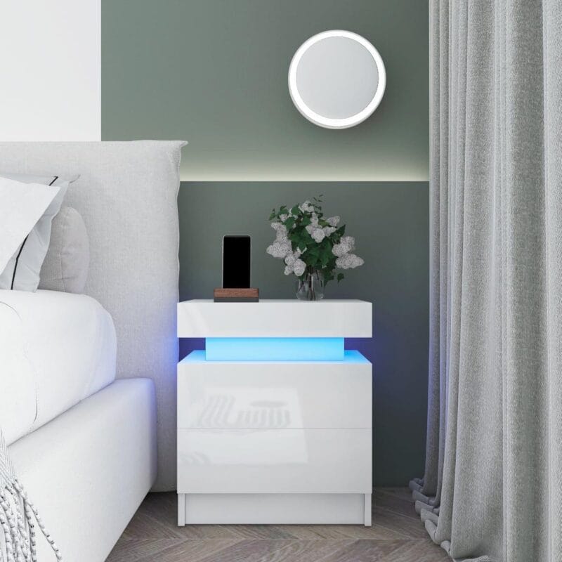 Hommpa 2 Drawer Modern Nightstand with RGB LED Light High Gloss Bedside Tables for Bedroom White - Image 9