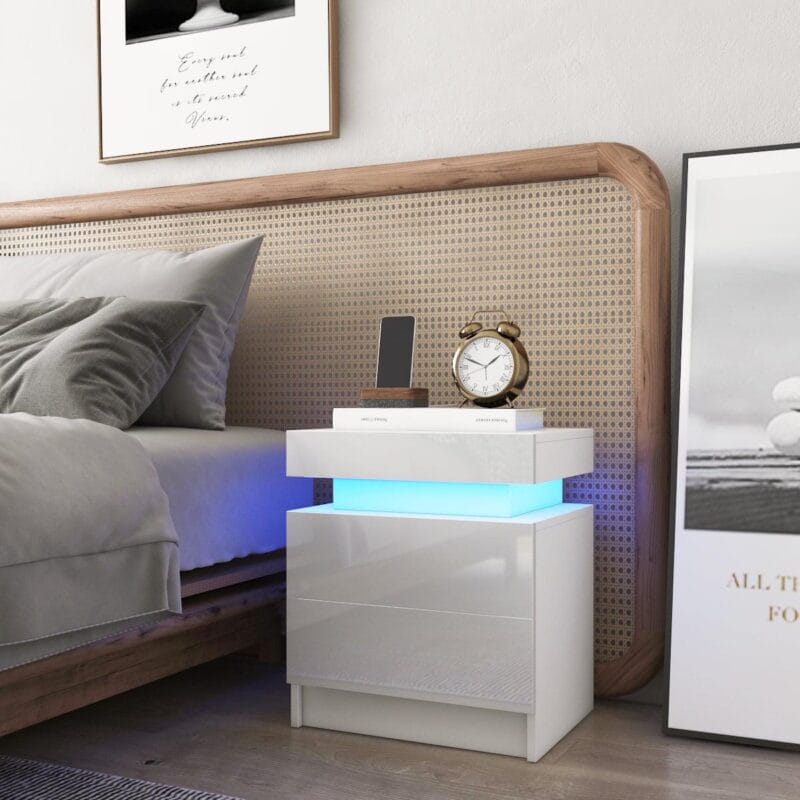 Hommpa 2 Drawer Modern Nightstand with RGB LED Light High Gloss Bedside Tables for Bedroom White - Image 8