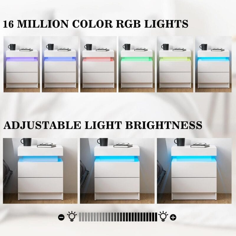 Hommpa 2 Drawer Modern Nightstand with RGB LED Light High Gloss Bedside Tables for Bedroom White - Image 2