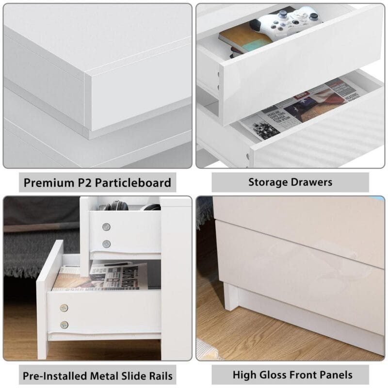 Hommpa 2 Drawer Modern Nightstand with RGB LED Light High Gloss Bedside Tables for Bedroom White - Image 4