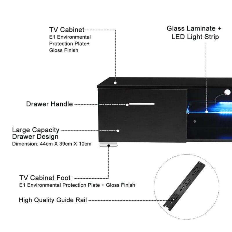 Hommpa 57'' TV Stand LED Media Console High Gloss TV Cabinet Gaming Entertainment Center for TVs up to 65'' with 2 Open Shelves and 2 Drawers for Living Room - Image 6