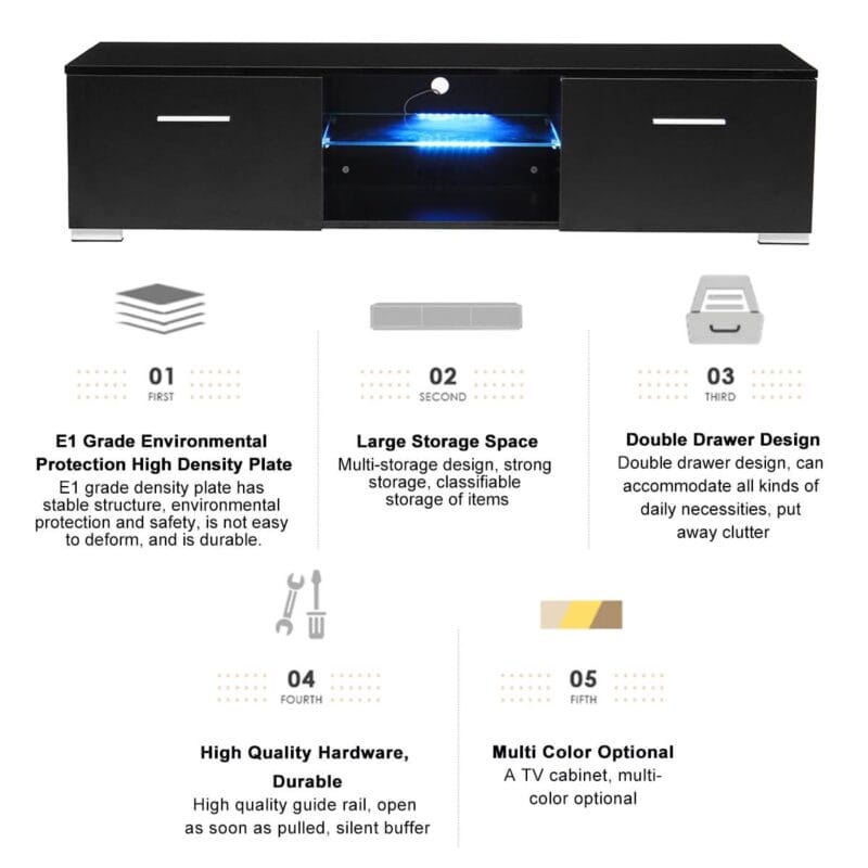 Hommpa 57'' TV Stand LED Media Console High Gloss TV Cabinet Gaming Entertainment Center for TVs up to 65'' with 2 Open Shelves and 2 Drawers for Living Room - Image 5