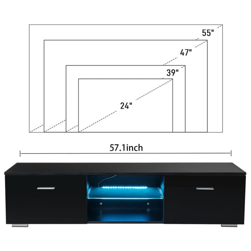 Hommpa 57'' TV Stand LED Media Console High Gloss TV Cabinet Gaming Entertainment Center for TVs up to 65'' with 2 Open Shelves and 2 Drawers for Living Room - Image 4